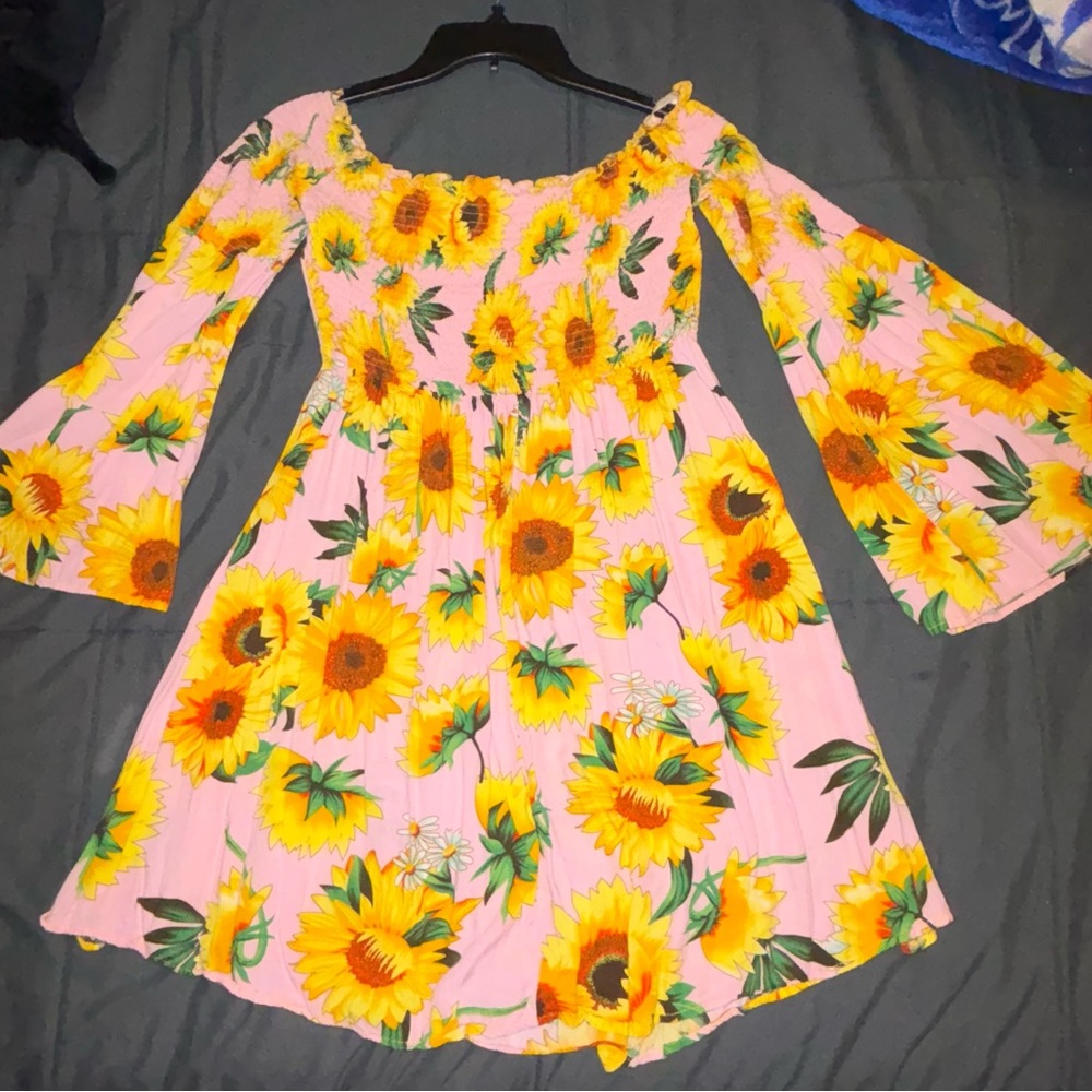 Pink Sunflower Off Shoulder Dress